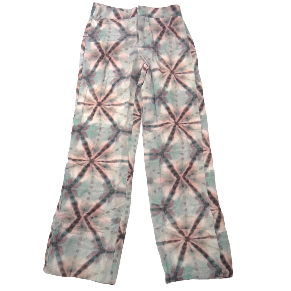 Pull&Bear Womens XS Geometric Tie Dye Wide Leg Pants Green Mauve High Rise Boho